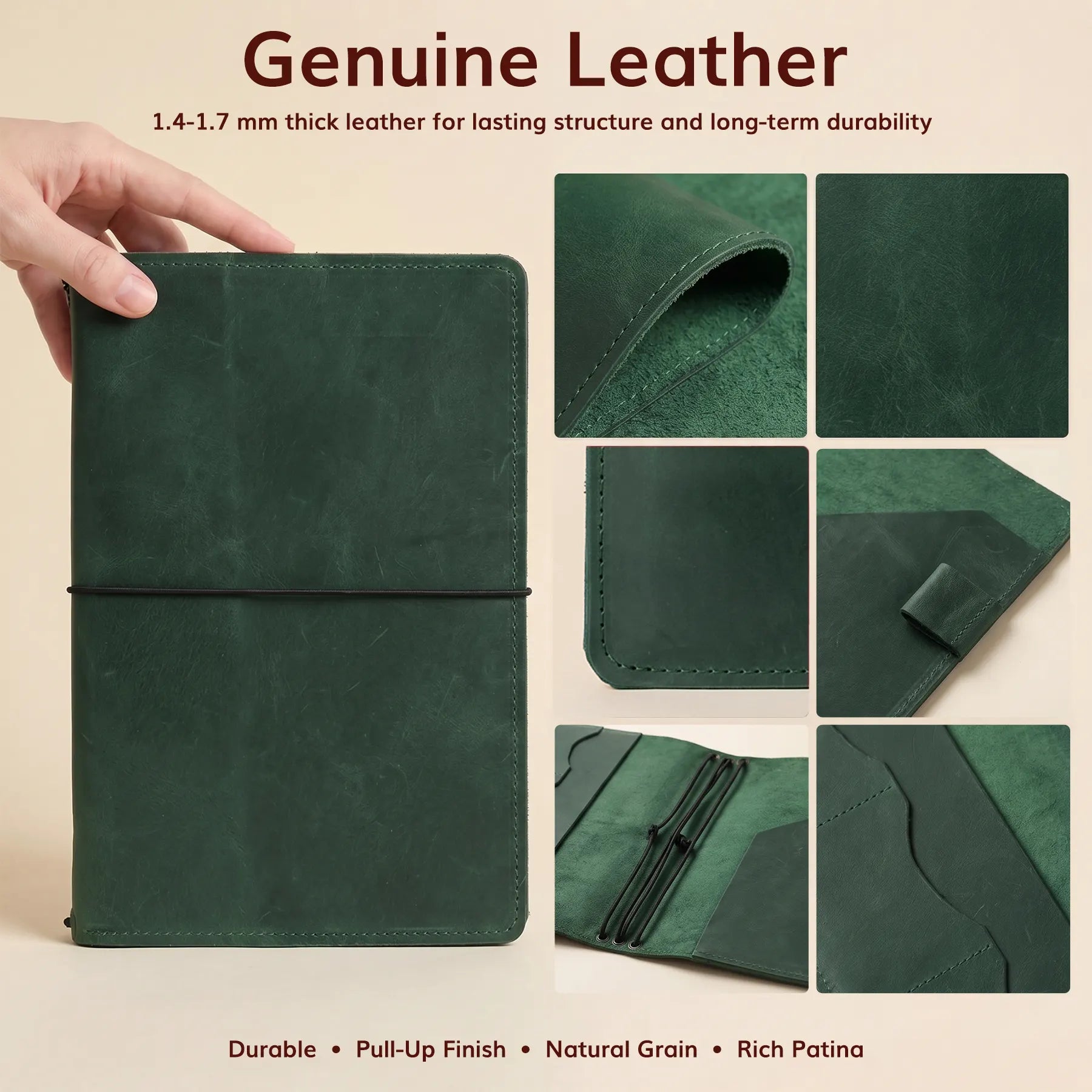 Genuine leather refillable notebook cover featuring multiple elastic bands and practical storage pockets.