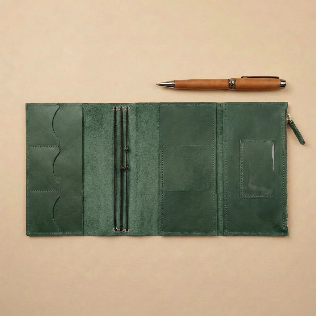 Green leather journal cover with pen on a beige background
