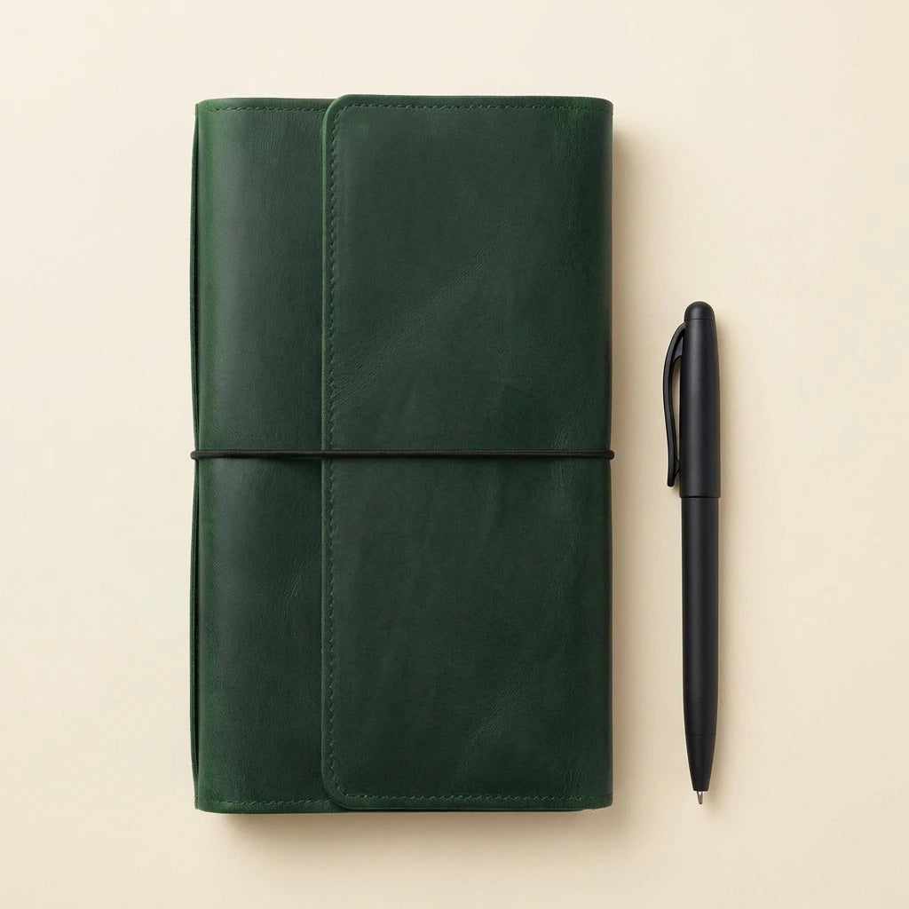 Green leather notebook and black pen on a beige background
