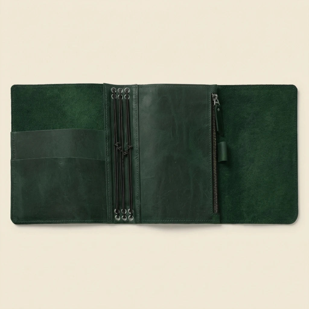 Green leather journal with zippers on a beige background