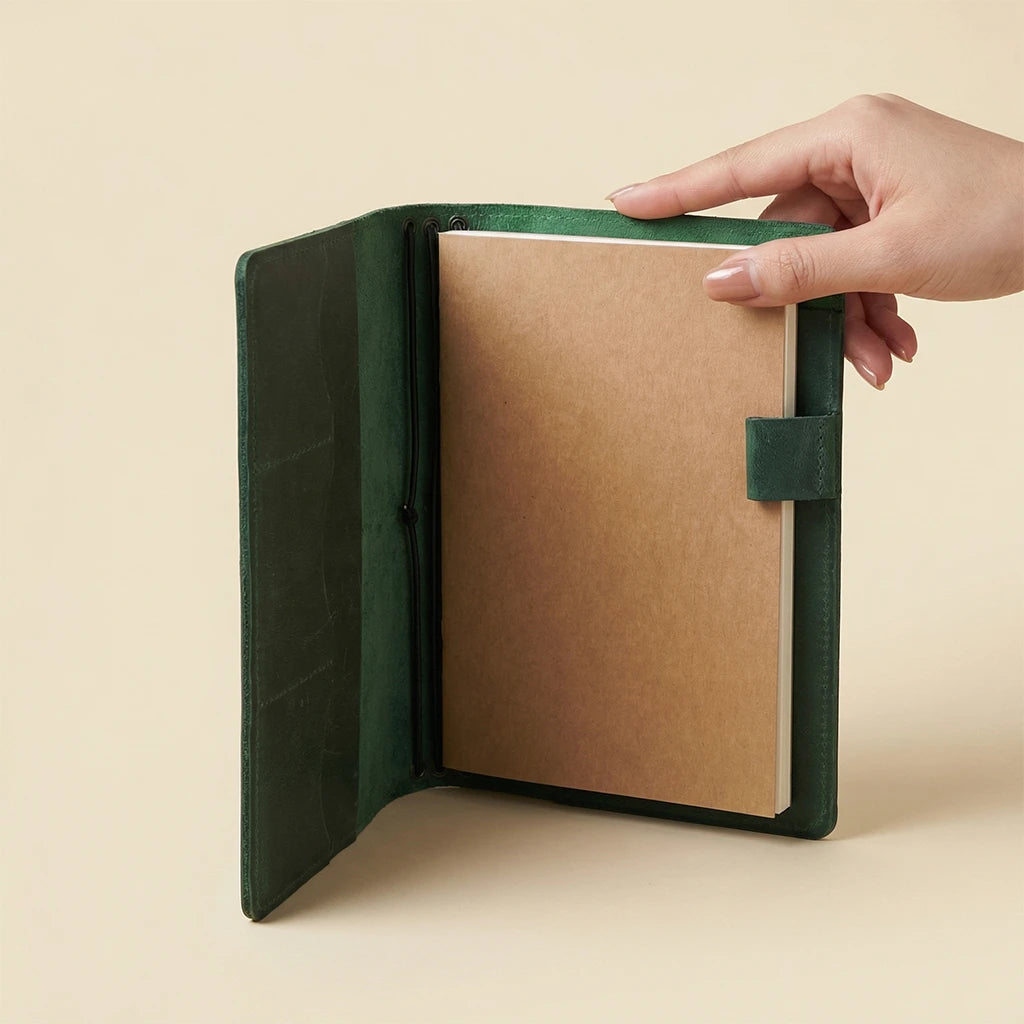 Hand holding a green notebook with a beige cover against a beige background