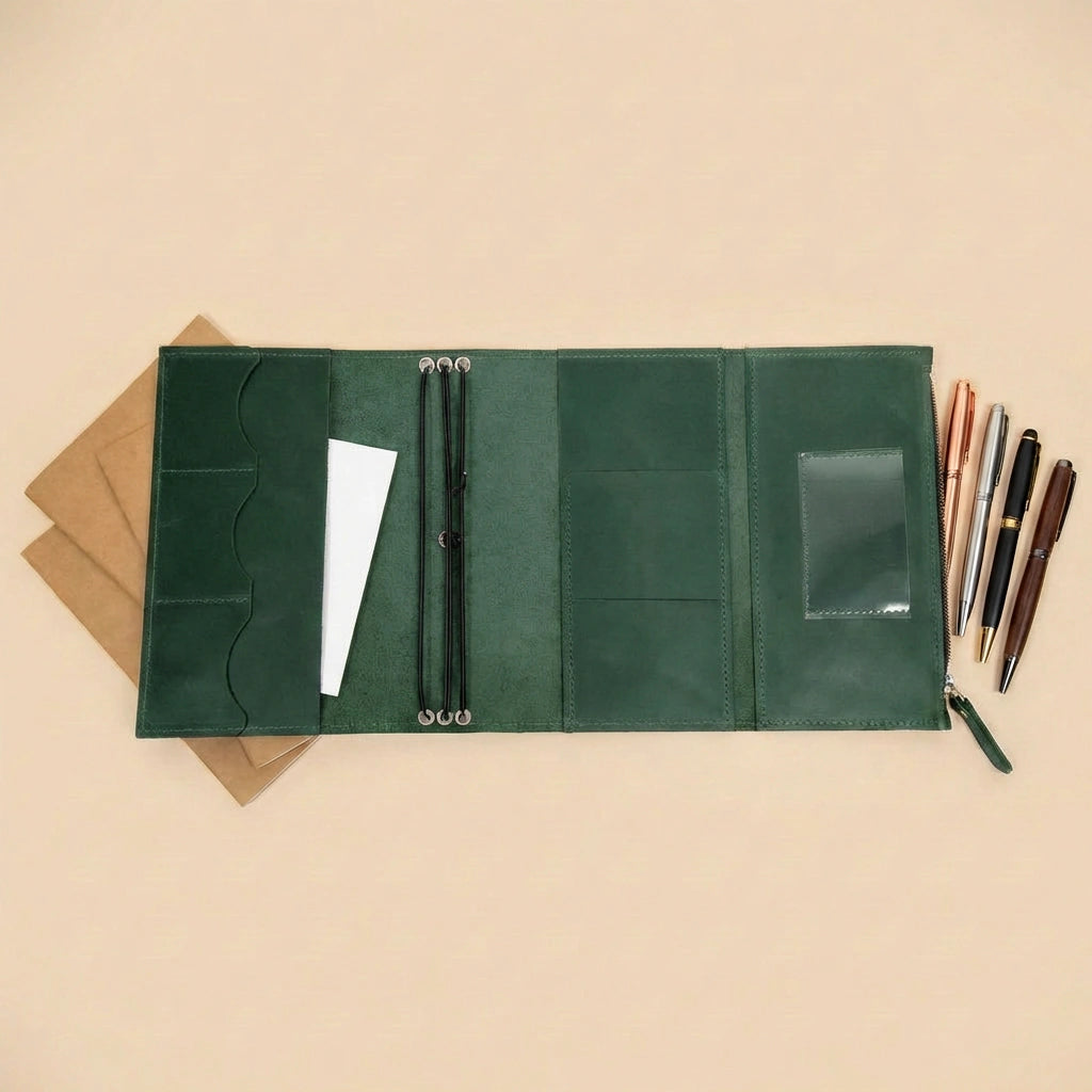 Green leather journal cover with pens and paper on a beige background