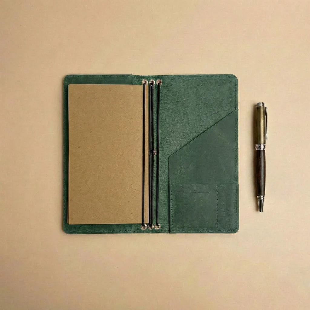 Green leather notebook with pen holder and pen on a beige background