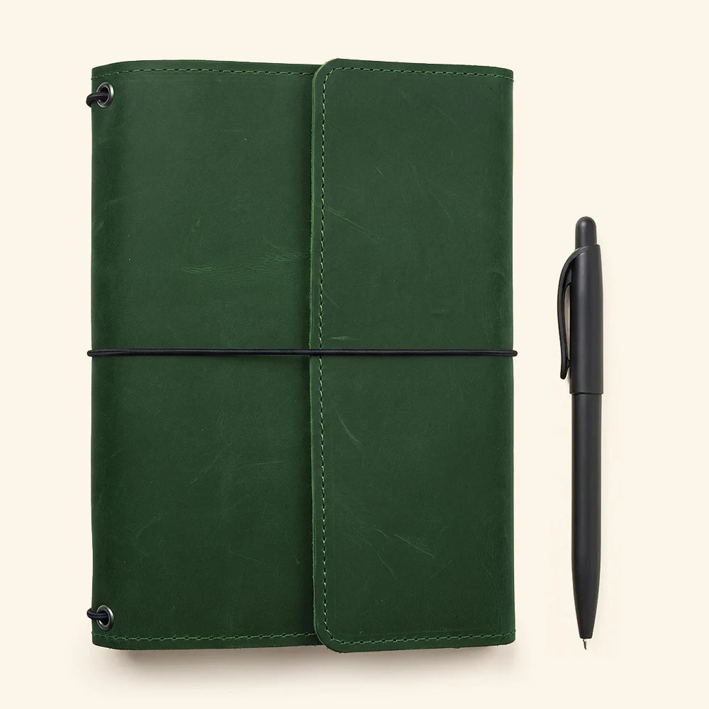 Leather refillable notebook case designed for efficient storage and secure elastic notebook loops.