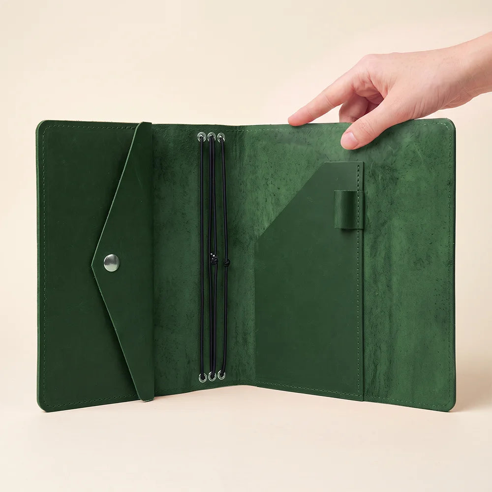 Refillable leather planner cover made for note-taking, sketching, journaling, and productivity on the go