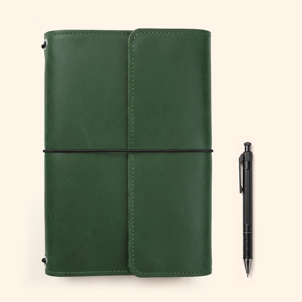 Handmade journal case featuring genuine leather construction, organized pockets, and an attached pen loop.