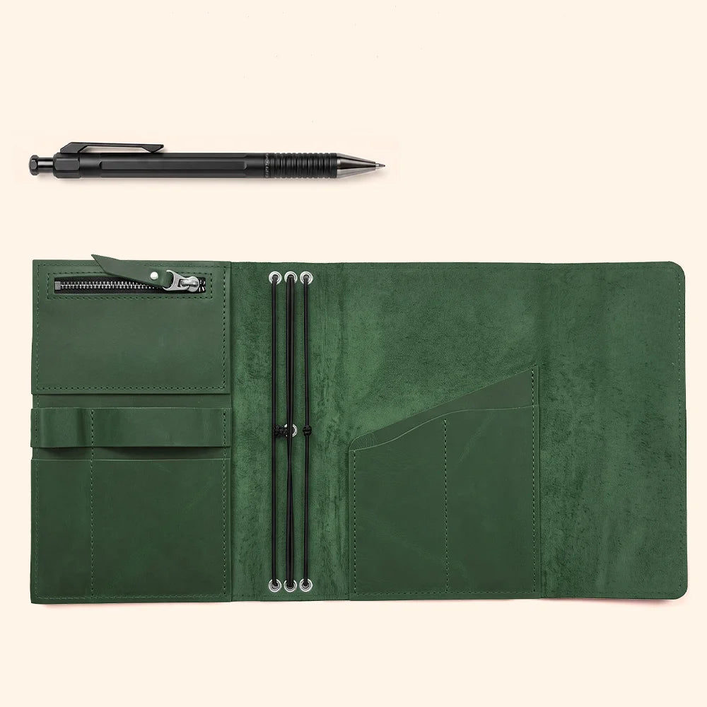 Premium natural leather notebook case with functional pockets and secure pen storage