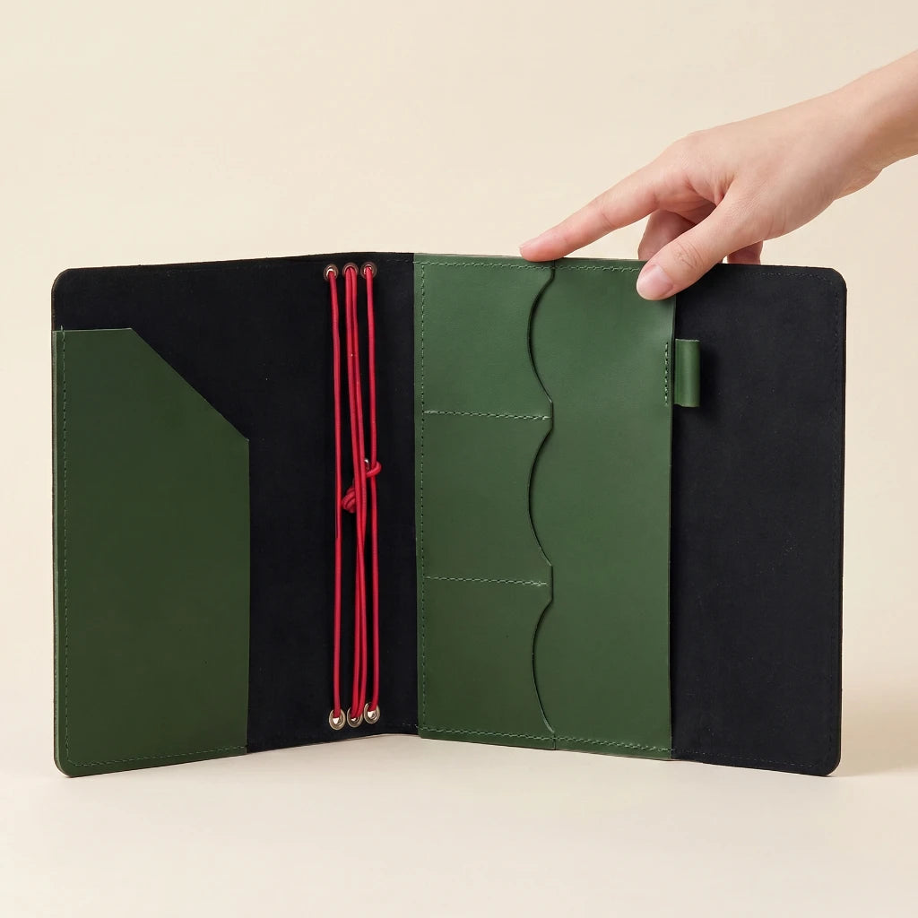 Genuine leather journal organizer featuring elastic bands and functional interior compartments