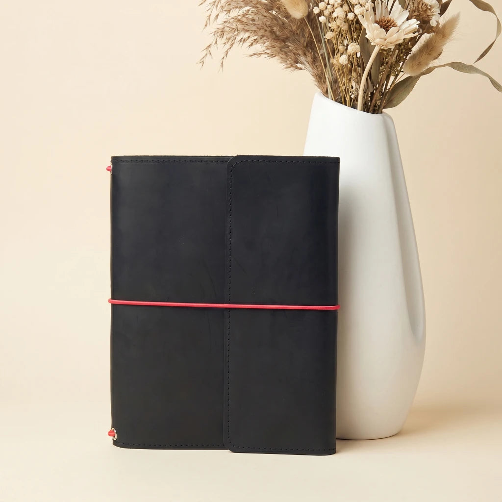 Leather notebook accessory cover with elastic closure and multifunctional interior pockets