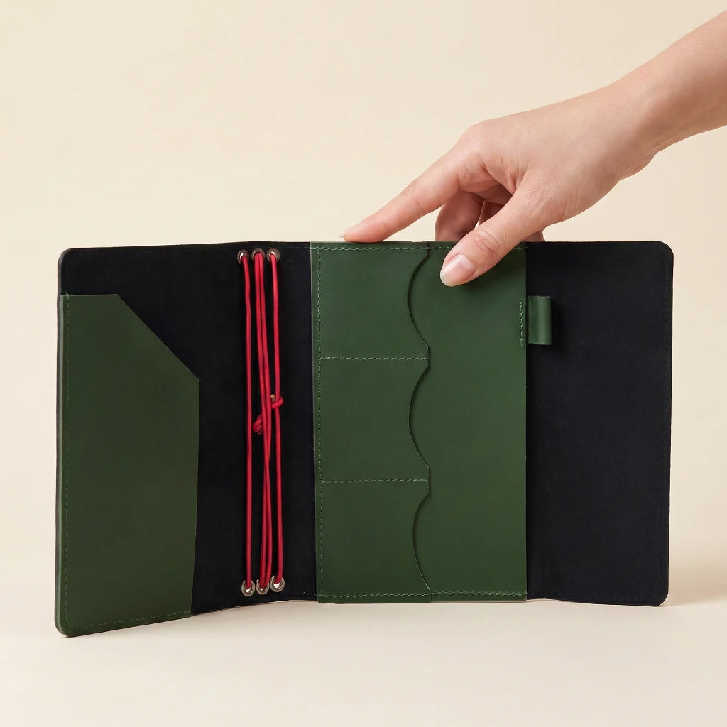 Handcrafted journal cover in leather with elastic system and pen loop attachment