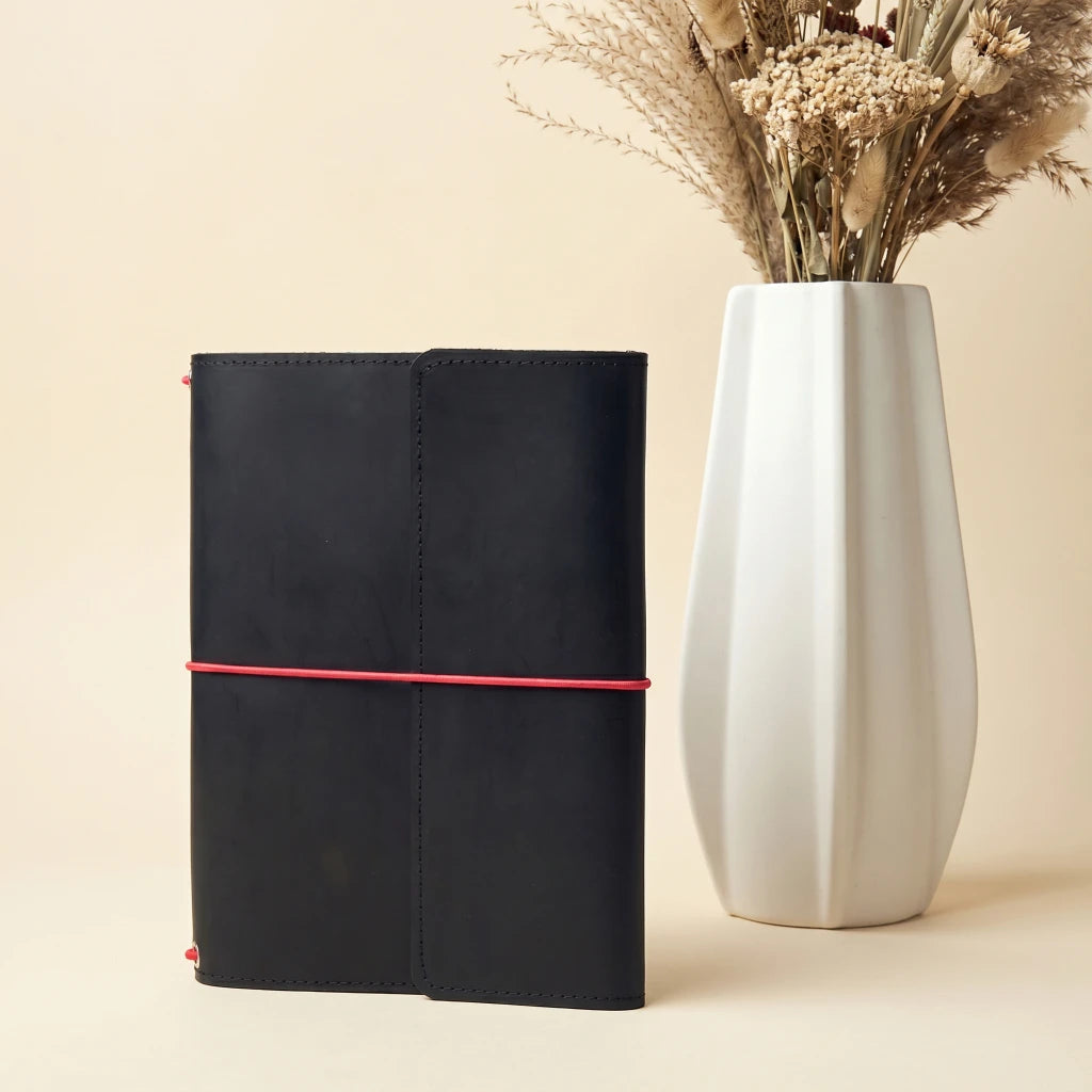 Handmade genuine leather cover for notebook with secure elastic bands
