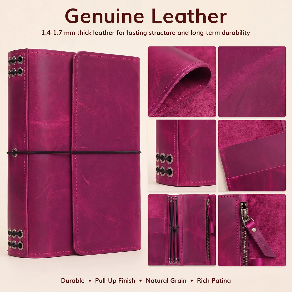 Genuine leather journal cover with six elastic bands and spacious interior pockets.