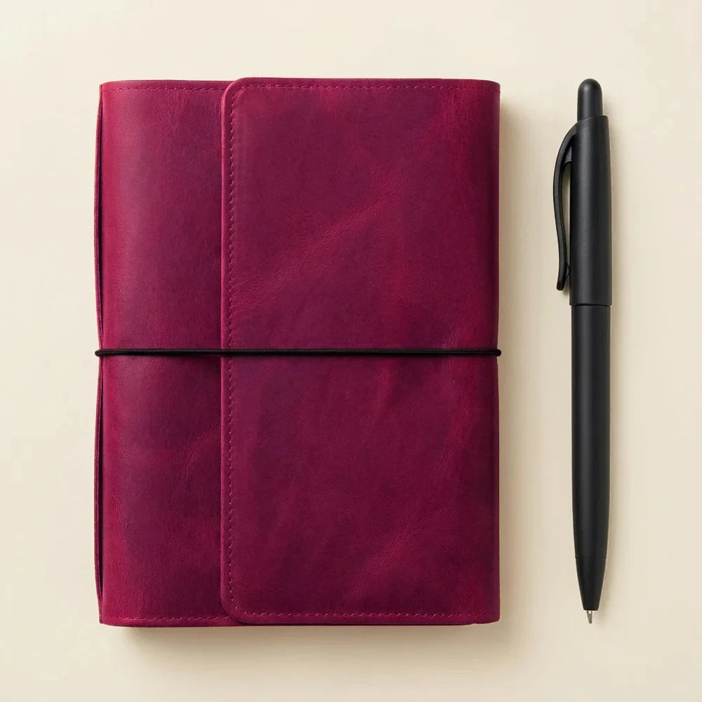 Leather journal cover with six elastic closures for notebooks, planners, and inserts.