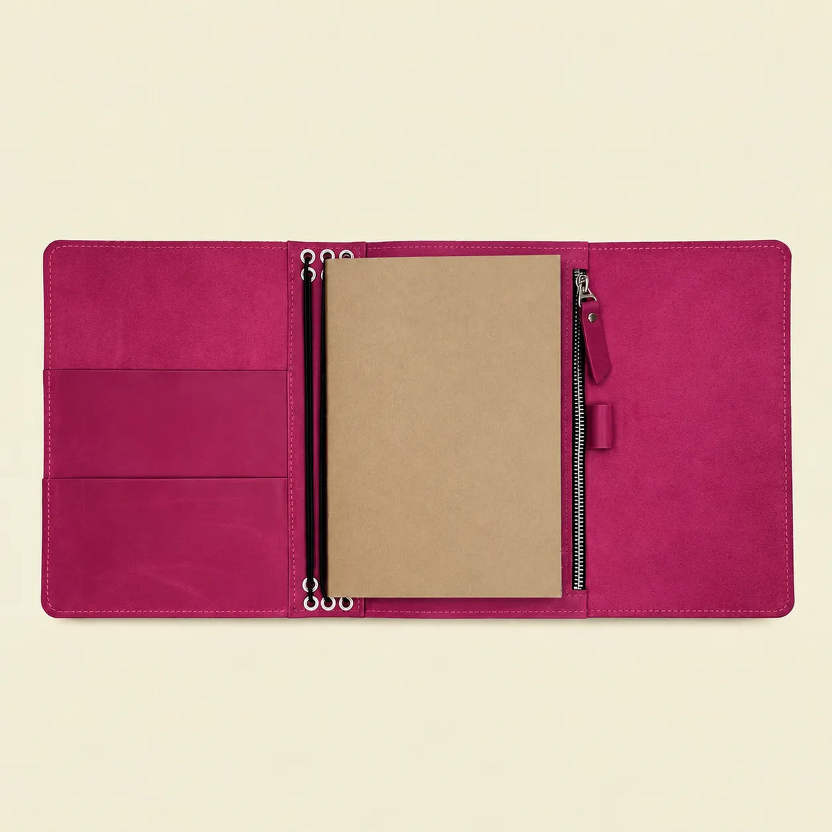 Handmade pink leather notebook cover with a beautiful texture and classic design.