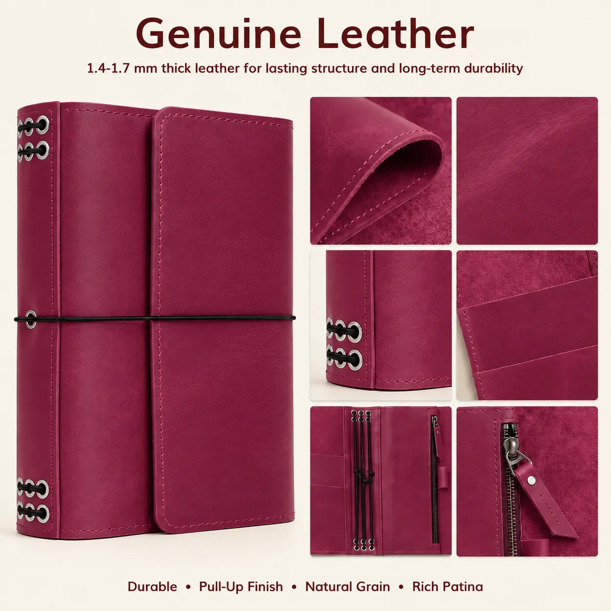 Genuine leather notebook cover in pink, perfect for journaling, planning, and writing.
