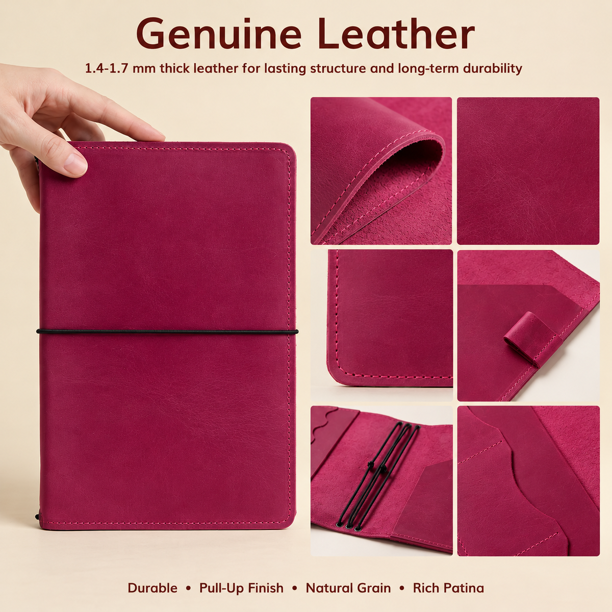 Pink genuine Crazy Horse leather journal with interior pockets for everyday essentials, square photography.