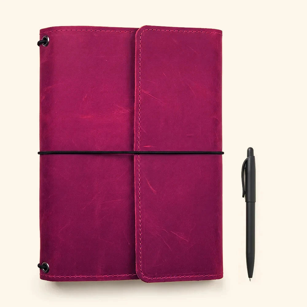 Handmade genuine leather notebook holder with three elastic bands and pockets