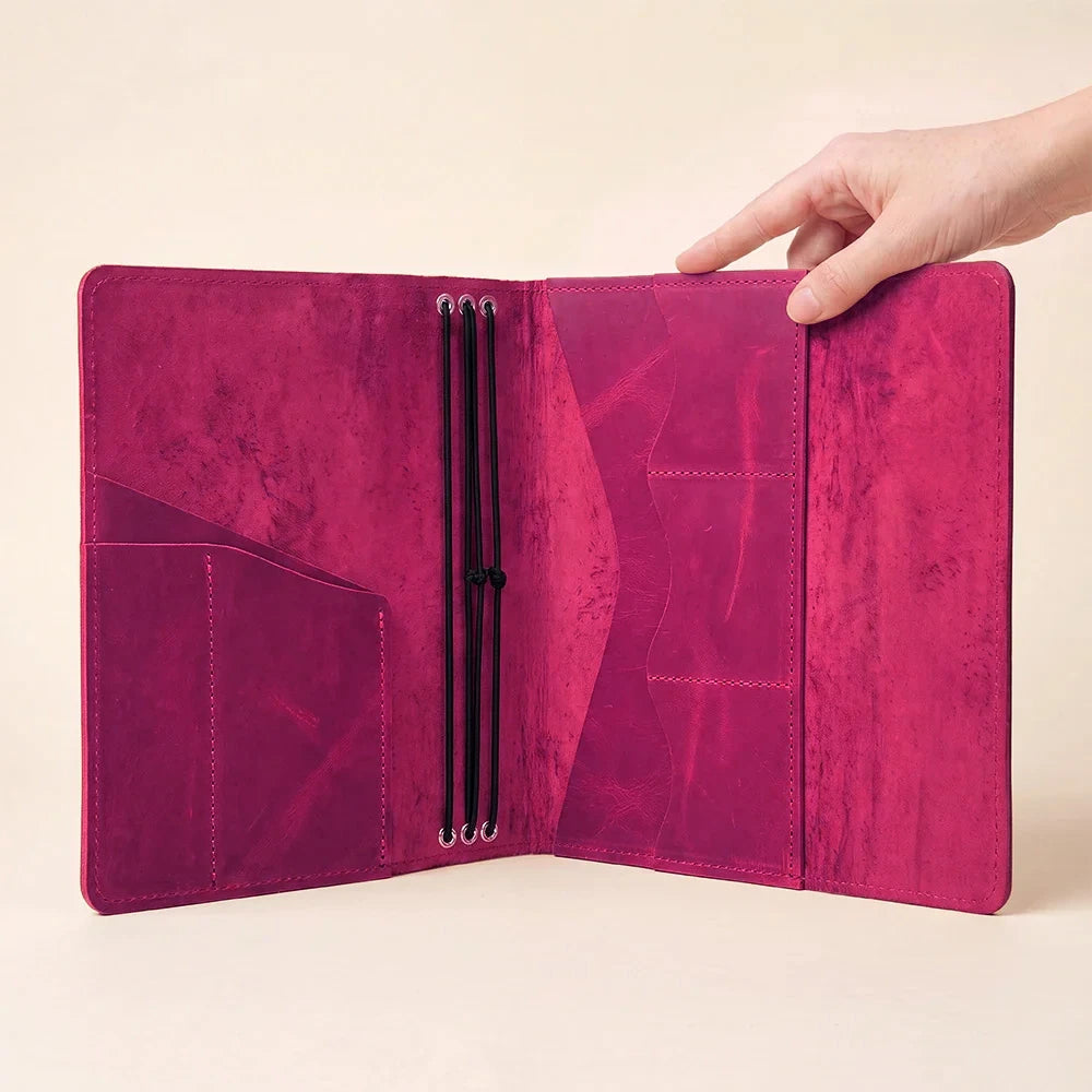 Genuine leather journal cover with three elastic bands and multiple card slots