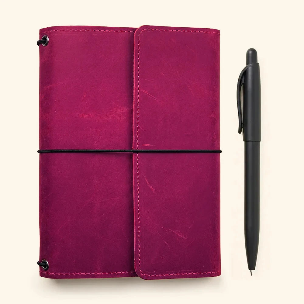 Genuine leather journal cover with three elastic bands and functional interior pockets