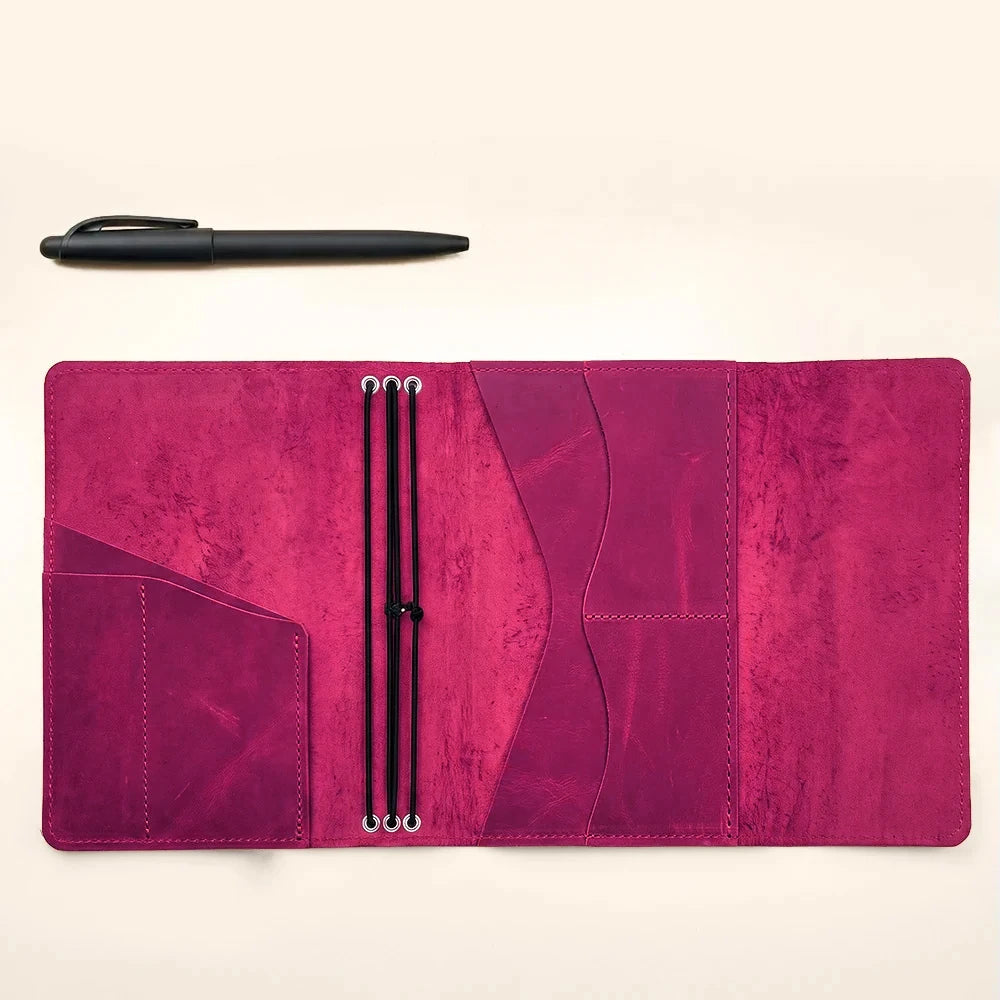 Natural leather journal cover with three elastic straps and practical card slots