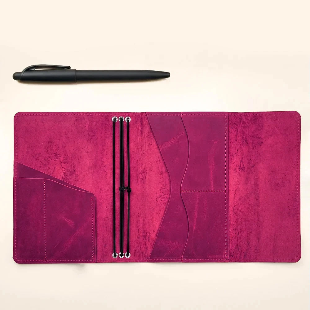Genuine leather journal cover with three elastic bands and card storage pockets