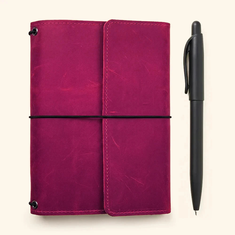 Genuine leather notebook cover with three elastic bands and interior pockets