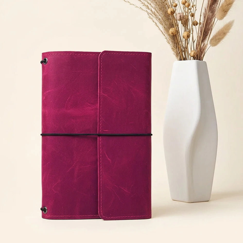 Handmade genuine leather journal cover with three elastic bands and card pockets