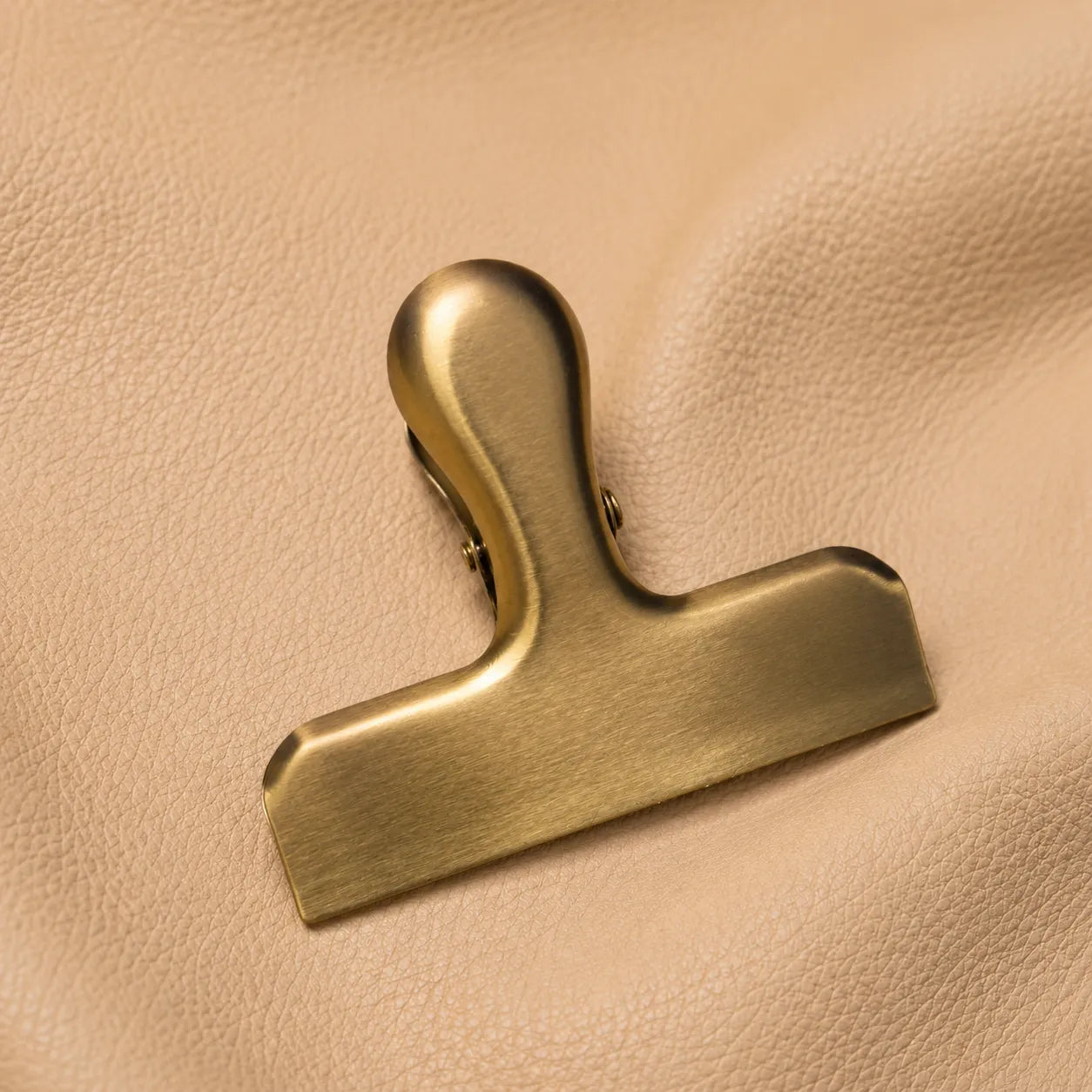 Gold nameplate bookmark clip for leather journals — detail