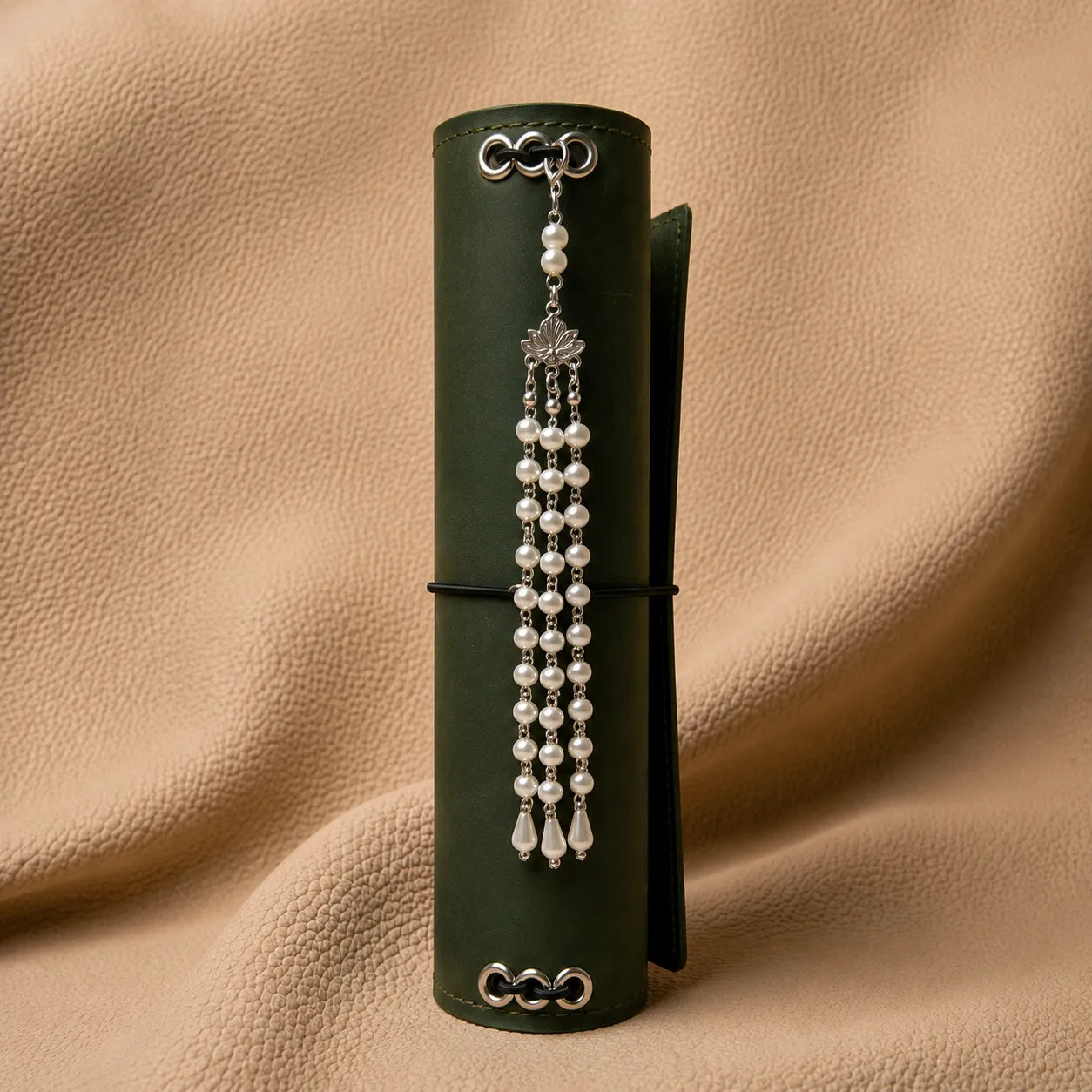 Decorative notebook charm with beads and metal hardware for journals