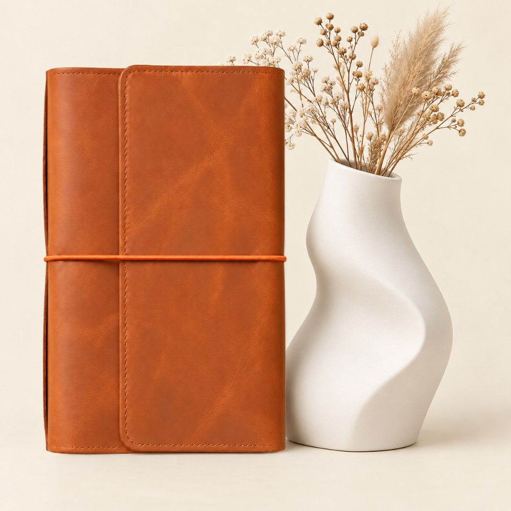 Natural orange leather journal cover featuring six elastic bands and practical pockets inside.