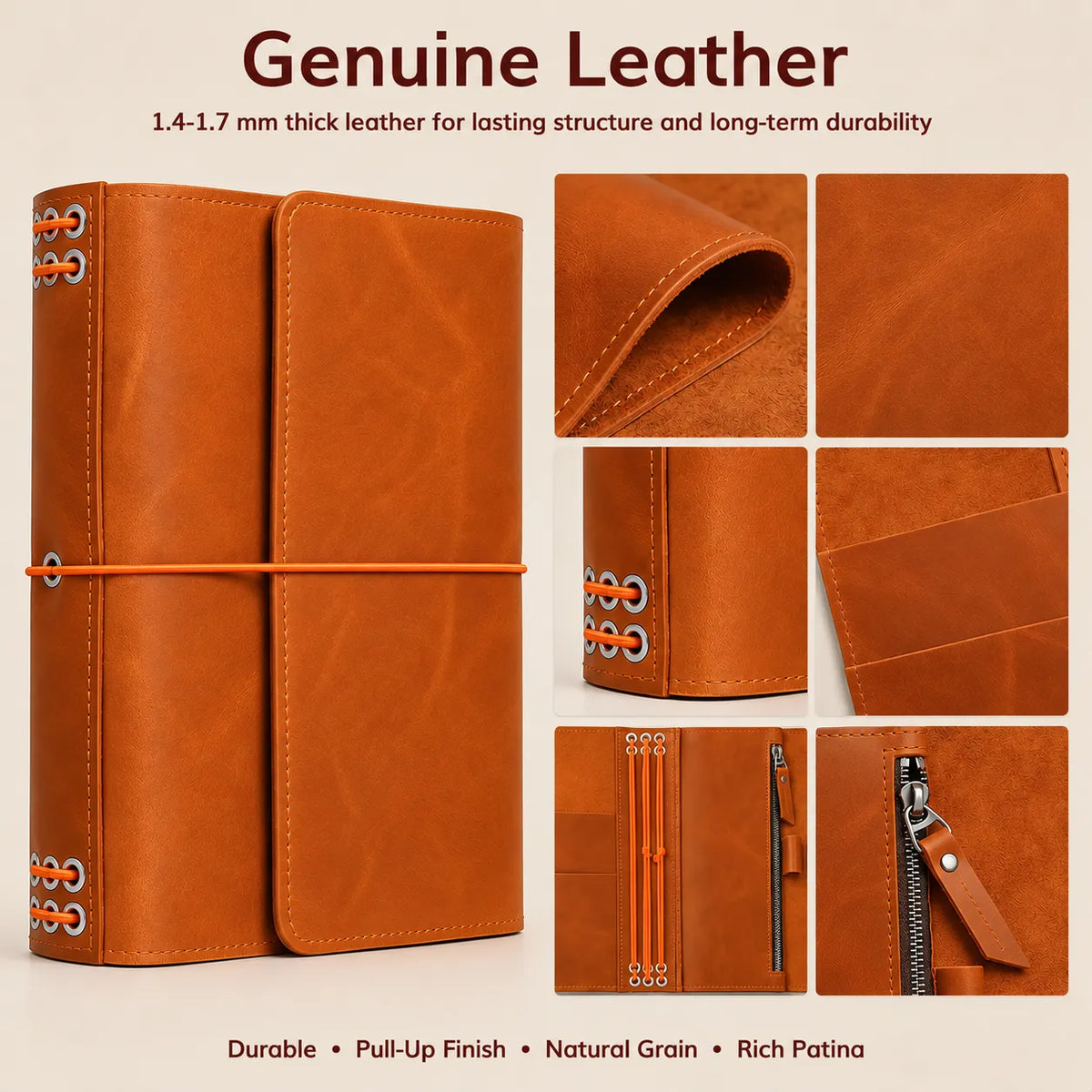 Orange leather journal cover with six elastic bands for organizing notebooks, inserts, and notes.
