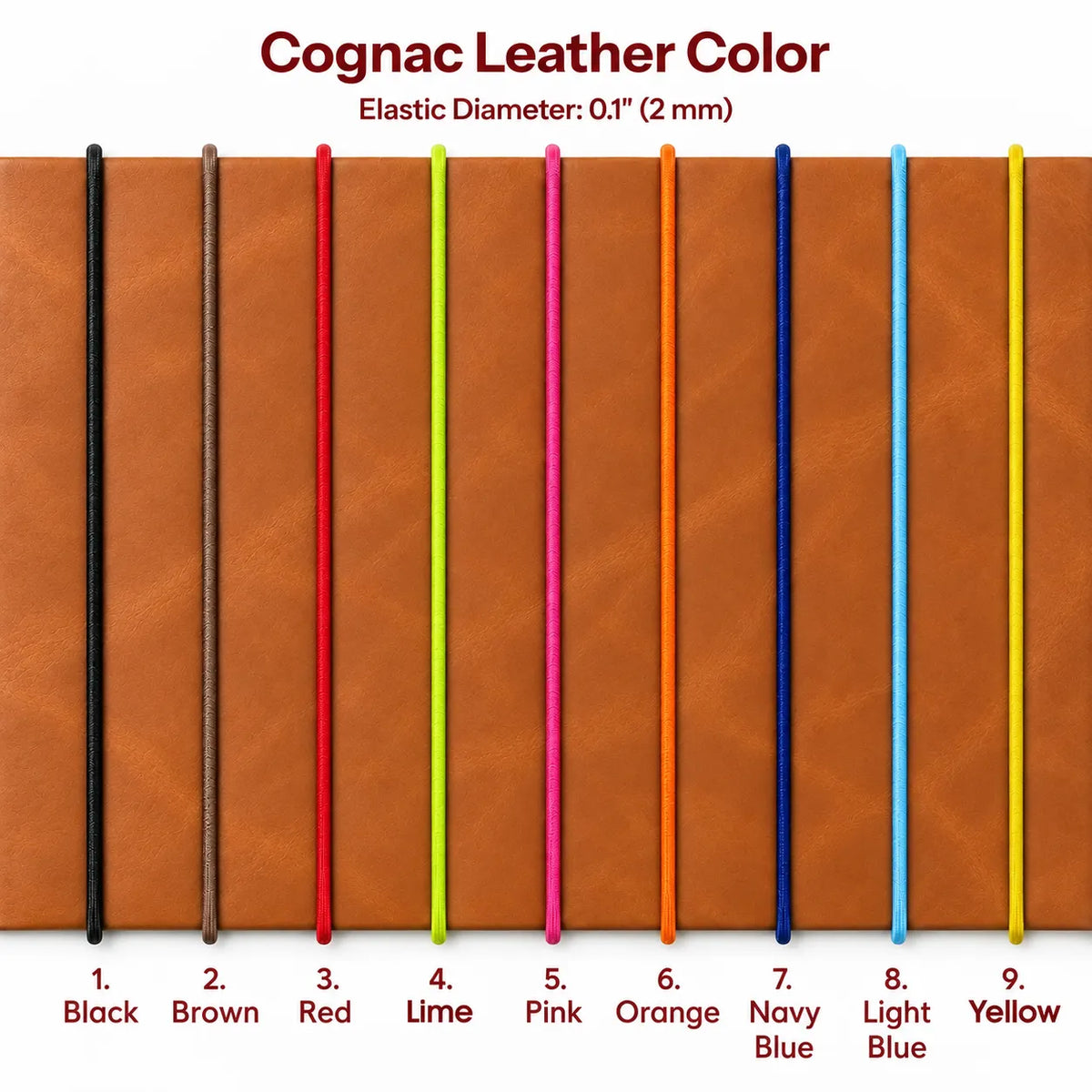Handmade orange leather cover featuring six elastic bands and useful pockets for everyday organization.