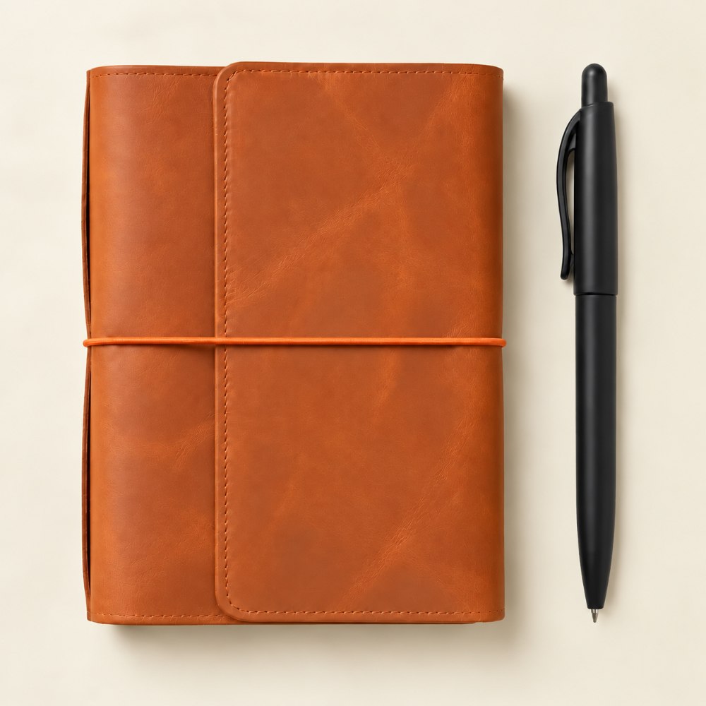 Orange genuine leather journal cover with six elastic bands and functional interior storage pockets.