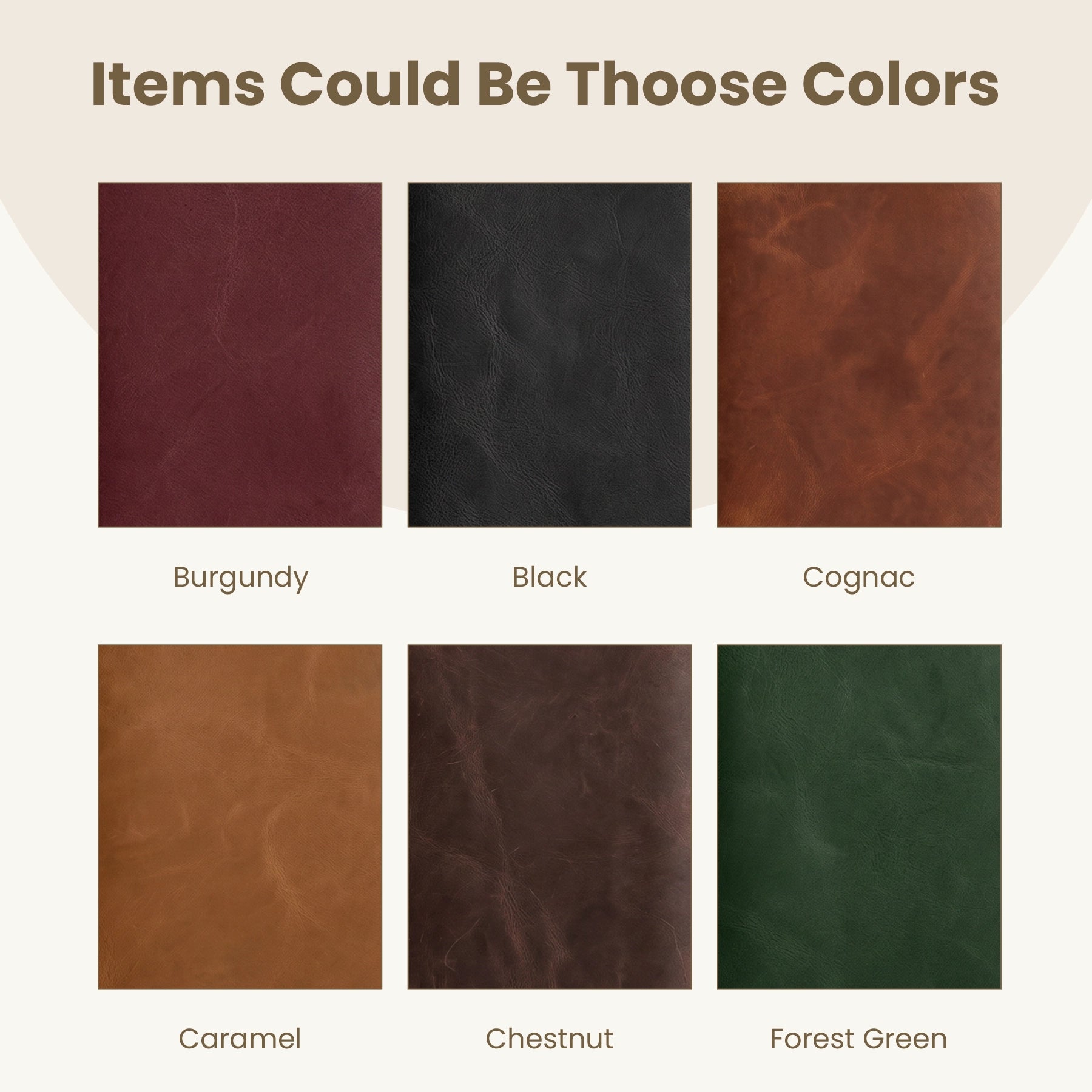 Color swatches of Burgundy, Black, Cognac, Caramel, Chestnut, and Forest Green on a beige background.