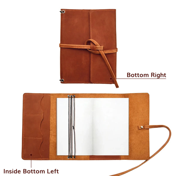 Brown leather journal shown from top and bottom perspectives on a white background