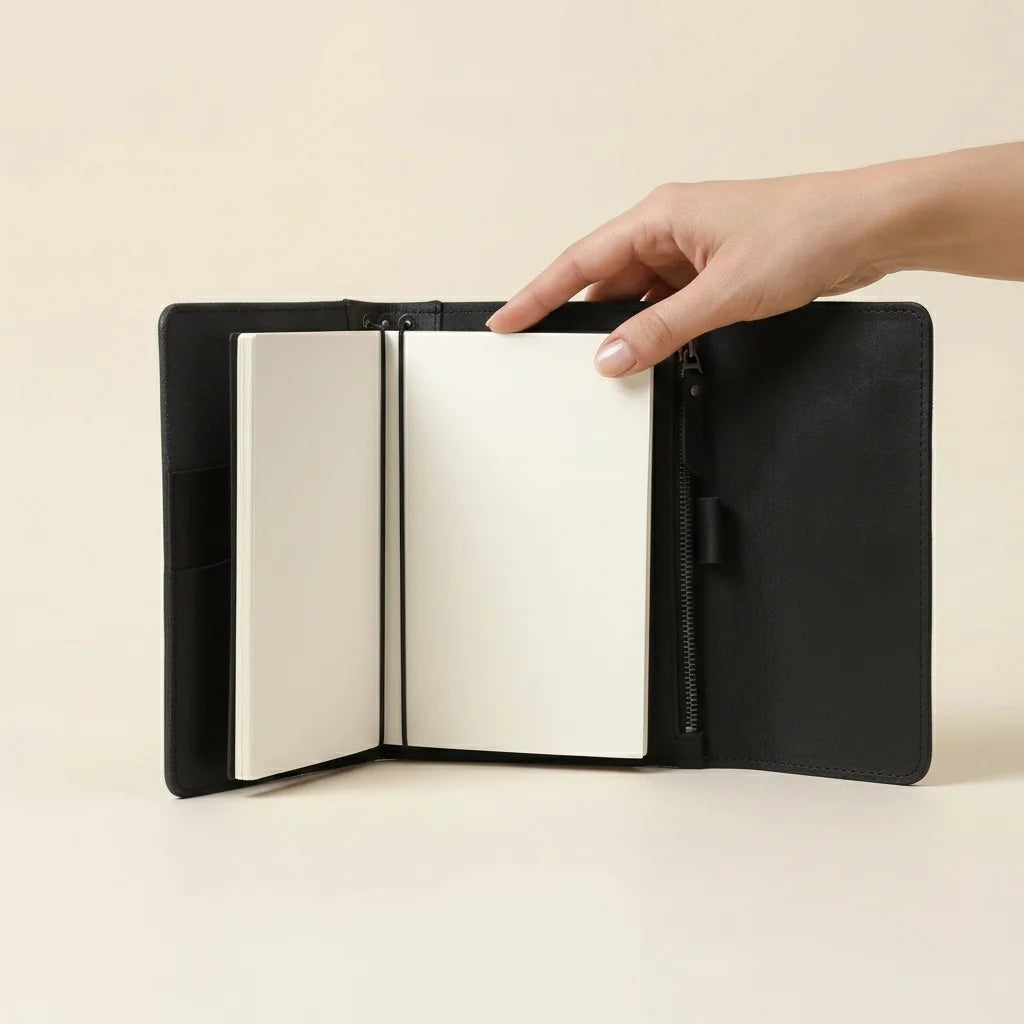 Hand opening a black leather notebook on a beige background