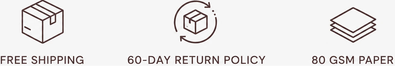 Icons and text indicating free shipping, 60-day return policy, and 80 GSM paper quality on a white background.