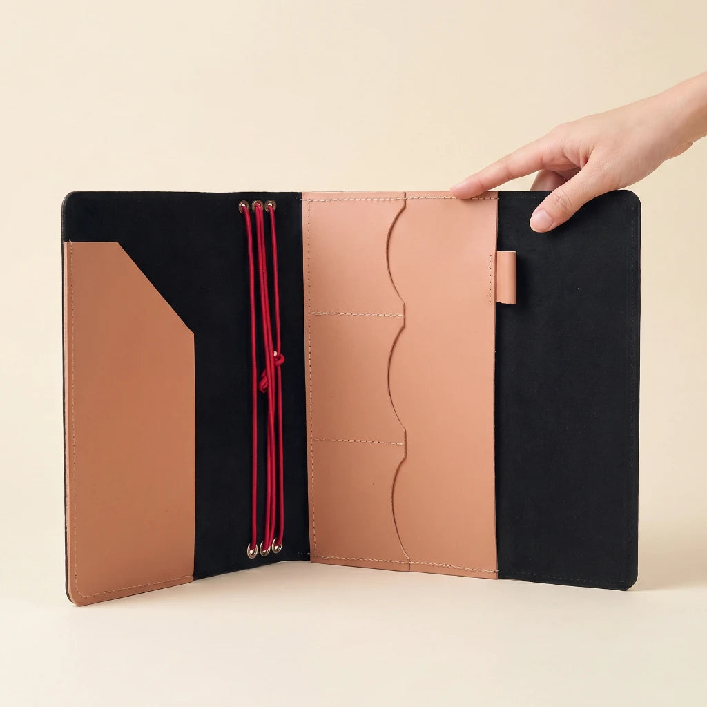 Genuine leather writing notebook cover with elastic system and pocket organizers