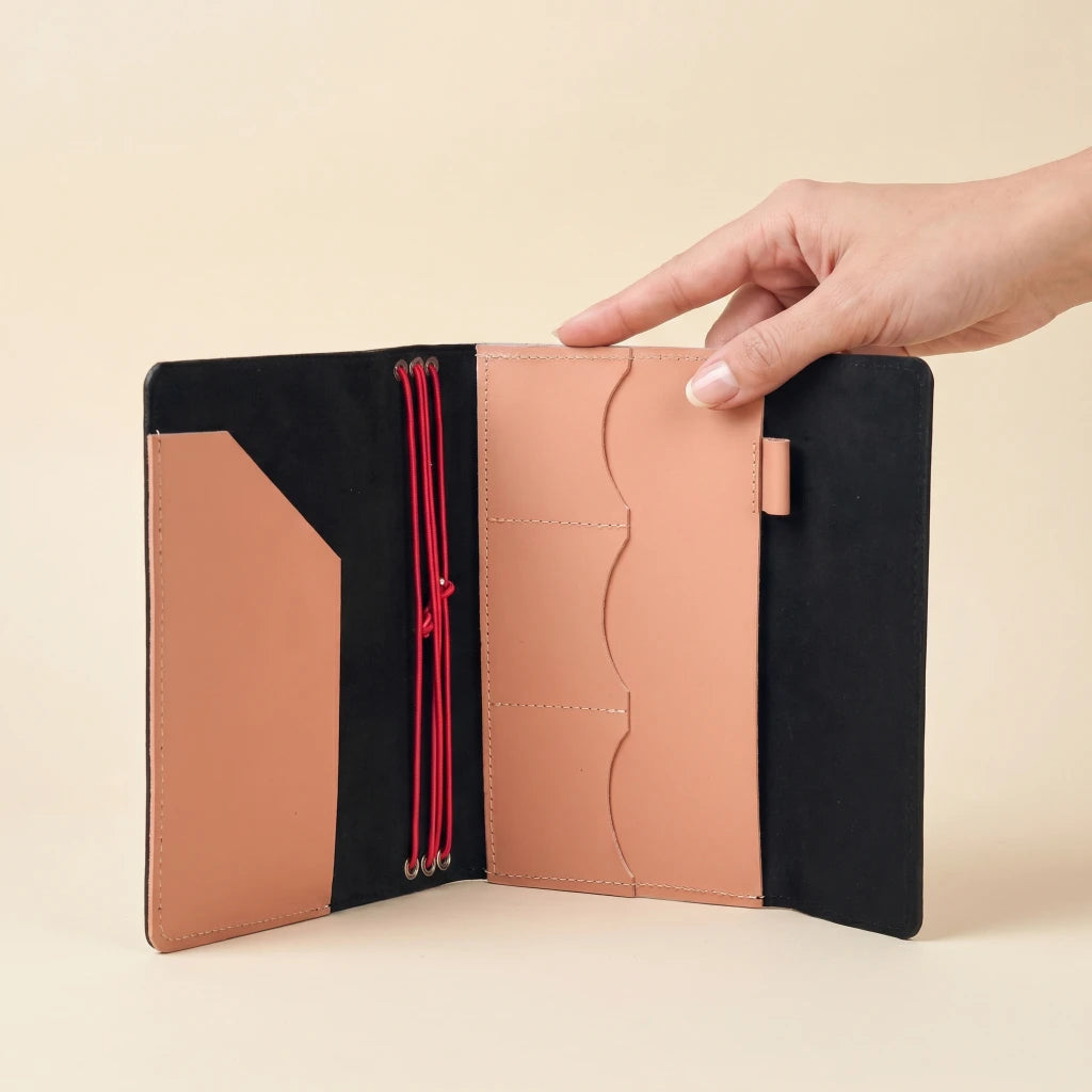 Refillable journal cover made from genuine leather with pockets and pen holder