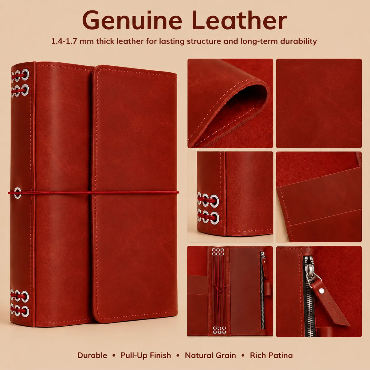 Genuine red leather cover with six elastic bands, inner pockets, zippered compartment, and pen holder.