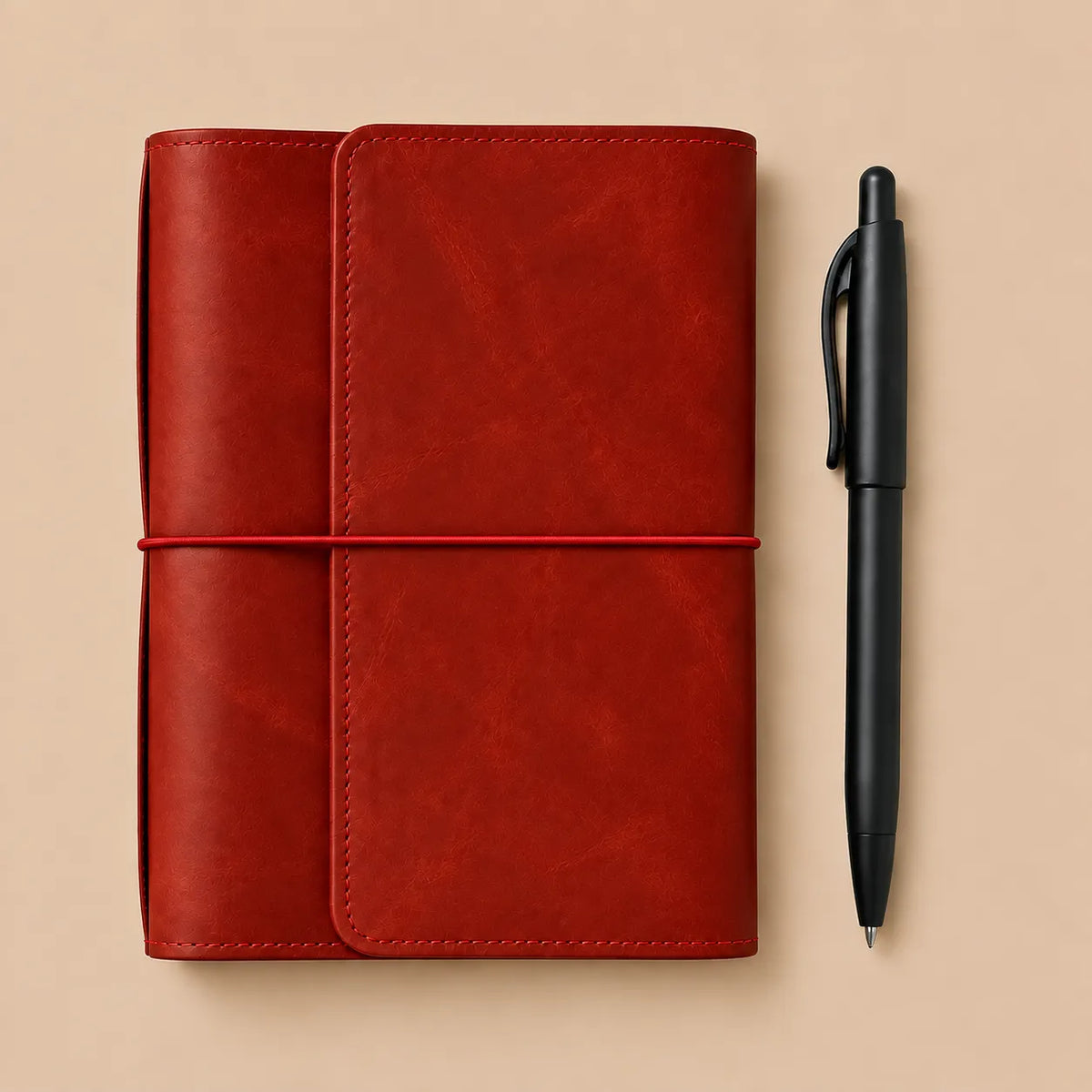 Stylish red leather journal cover featuring six elastic loops, card pockets, zipper pocket, and pen loop.