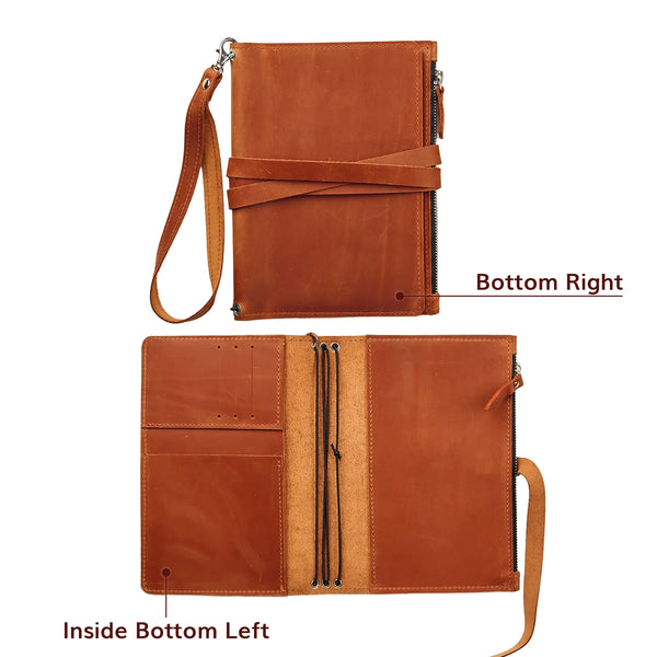 Brown leather journal with zipper and wrist strap shown from top and bottom perspectives on a white background