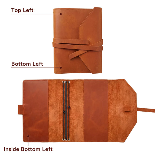 Brown leather journal shown from top and bottom perspectives on a white background