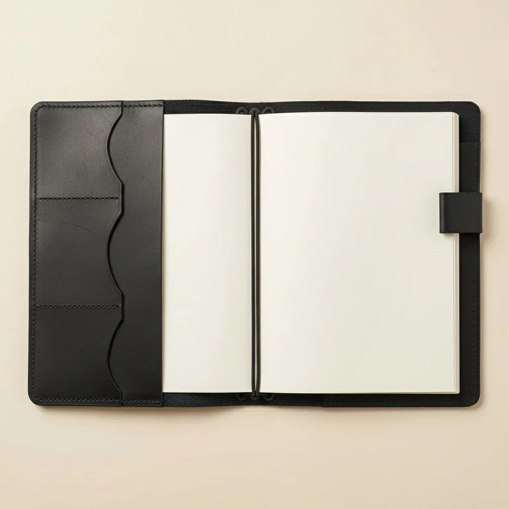 Black leather notebook with open pages on a beige background