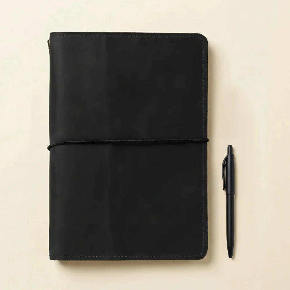 Handcrafted leather notebook portfolio featuring elastic retention bands and practical pocket organization.