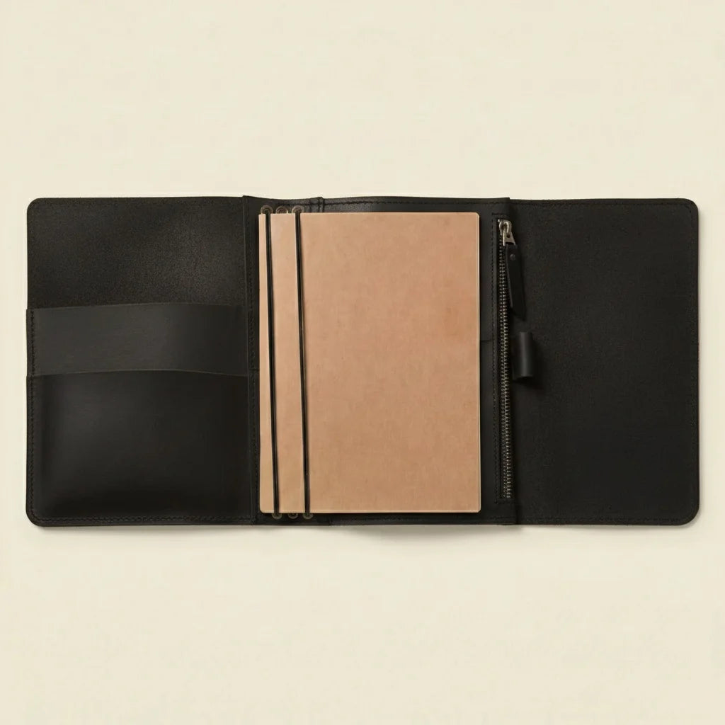 Black leather folder with beige interior on a beige background