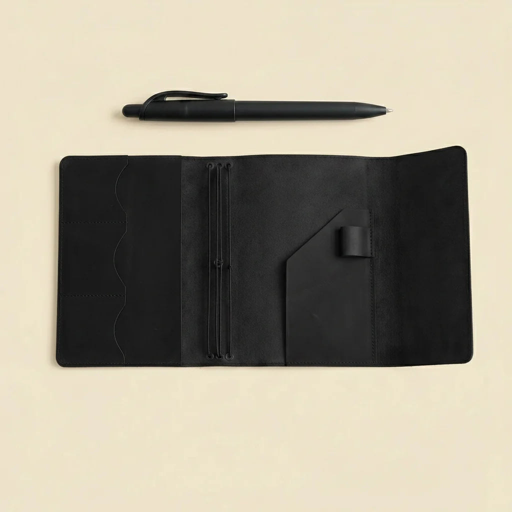 Black leather notebook with pen on a beige background