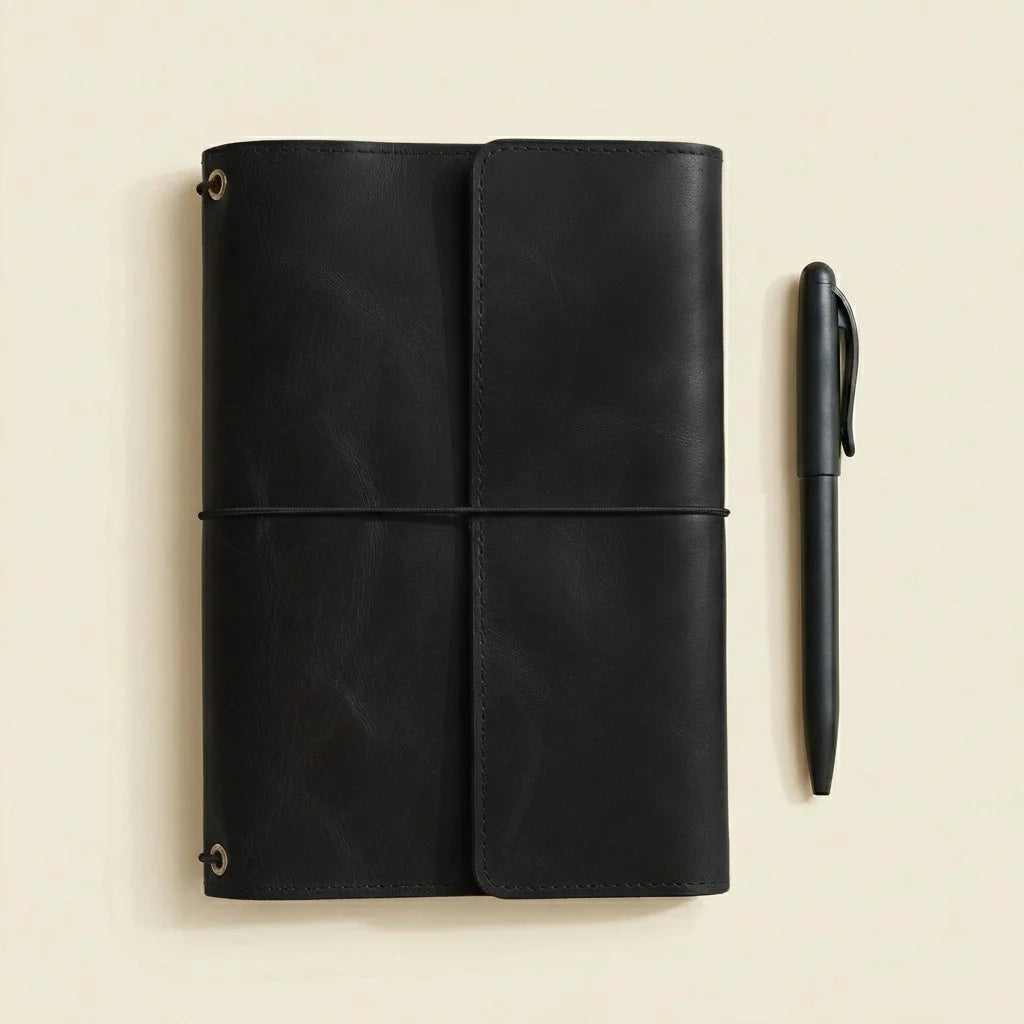Black leather notebook with a pen on a beige background