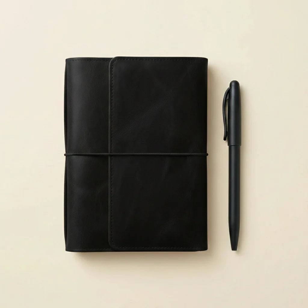 Black leather notebook and pen on a beige background