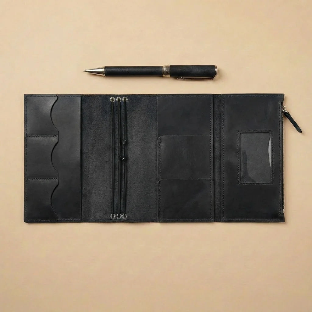 Black leather journal with zipper compartments and a pen on a beige background